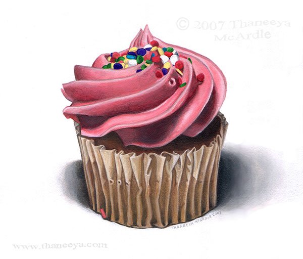 Photorealistic Pink Cupcake Painting, Acrylic on Wood Panel by Thaneeya McArdle