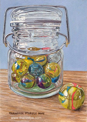 Photorealistic Watercolor Painting of a Jar of Marbles, by Thaneeya McArdle